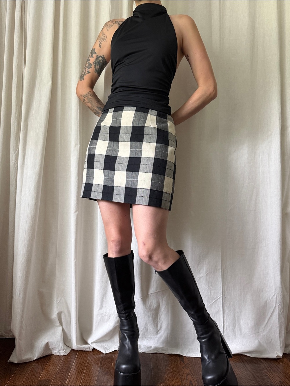 Vintage Daily Habit Black & Cream Plaid Mini Skirt Women's Size 13 | Grunge Goth